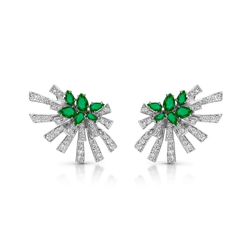 Hueb,18k Mirage White Gold Earring With 1.86 Cts Vs-Gh Diamonds And Emerald,ONE SIZE