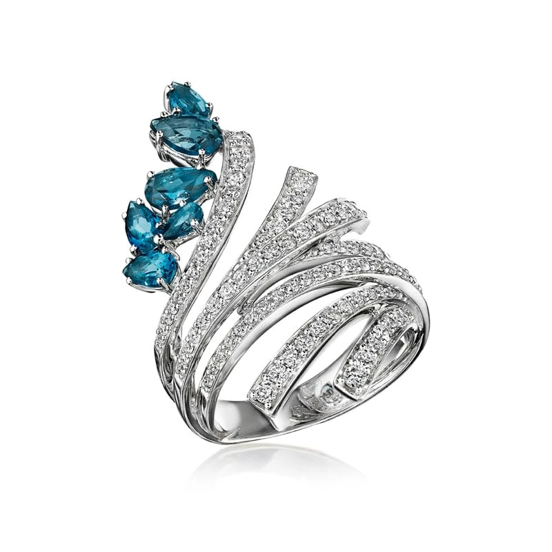 Hueb,18k Mirage White Gold Ring With 0.97 Cts Vs-Gh Diamonds And Topaz,6.5