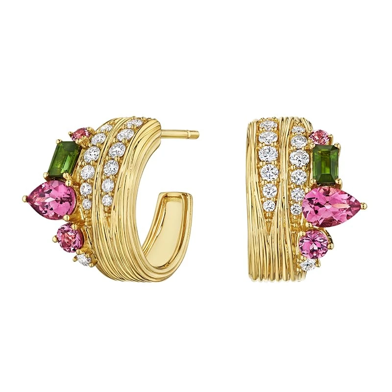 Hueb,18k Amazonia (buriti) Yellow Gold Earring With 0.49 Cts Vs-Gh Diamonds And Tourmaline And Garnet,ONE SIZE