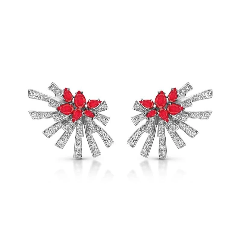 Hueb,18k Mirage White Gold Earring With 1.89 Cts Vs-Gh Diamonds And Ruby,ONE SIZE