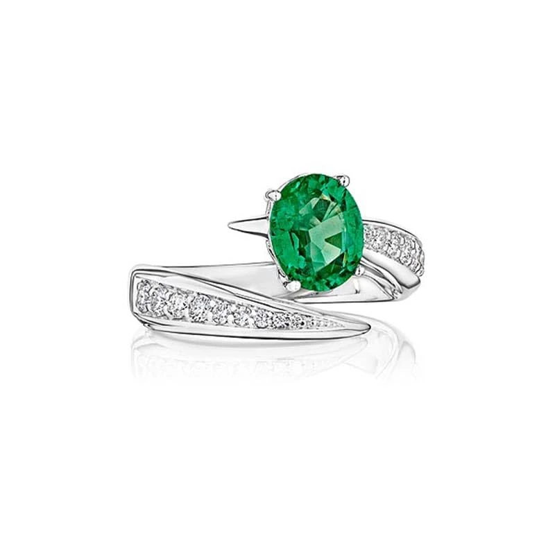 Hueb,18k Amazonia (cocar) White Gold Ring With 0.34 Cts Vs-Gh Diamonds And Emerald,7