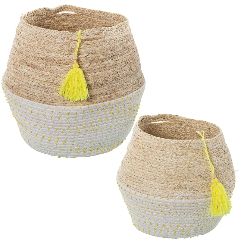 Set of 2 Baskets HOJAS MAÍZ/ALGODÓN C/Lunares Amarillos Y BORLA °28 x 36 + °23 x 29 cm