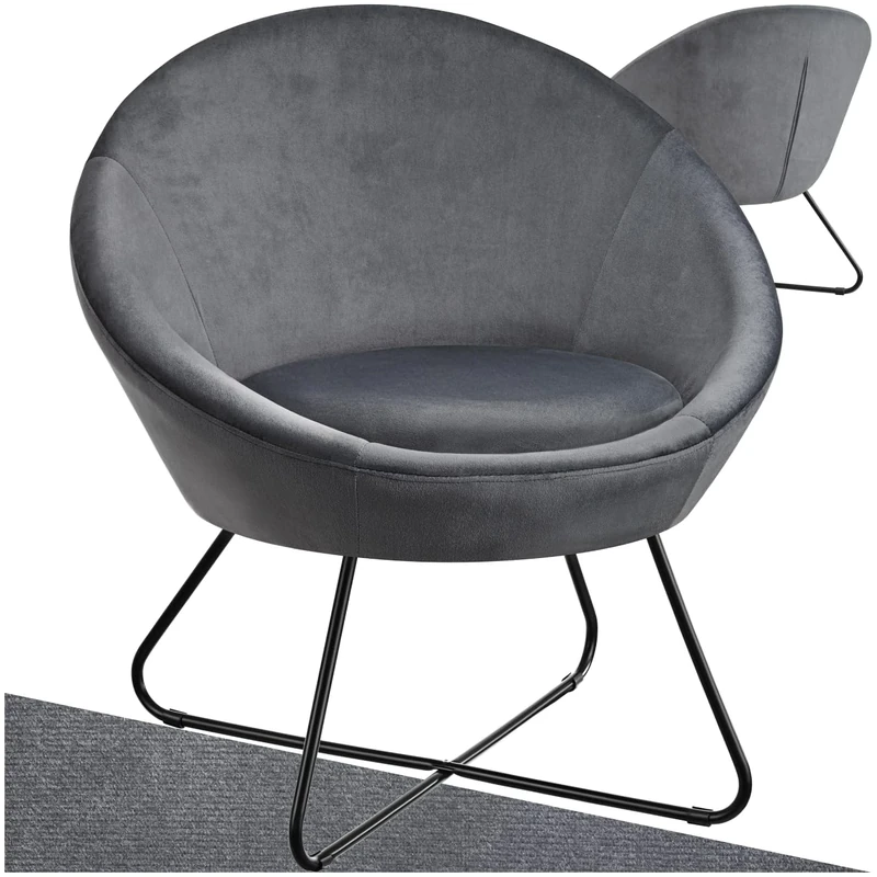TecTake Scandi Velvet Armchair - Curved Back, Steel Frame, Anthracite