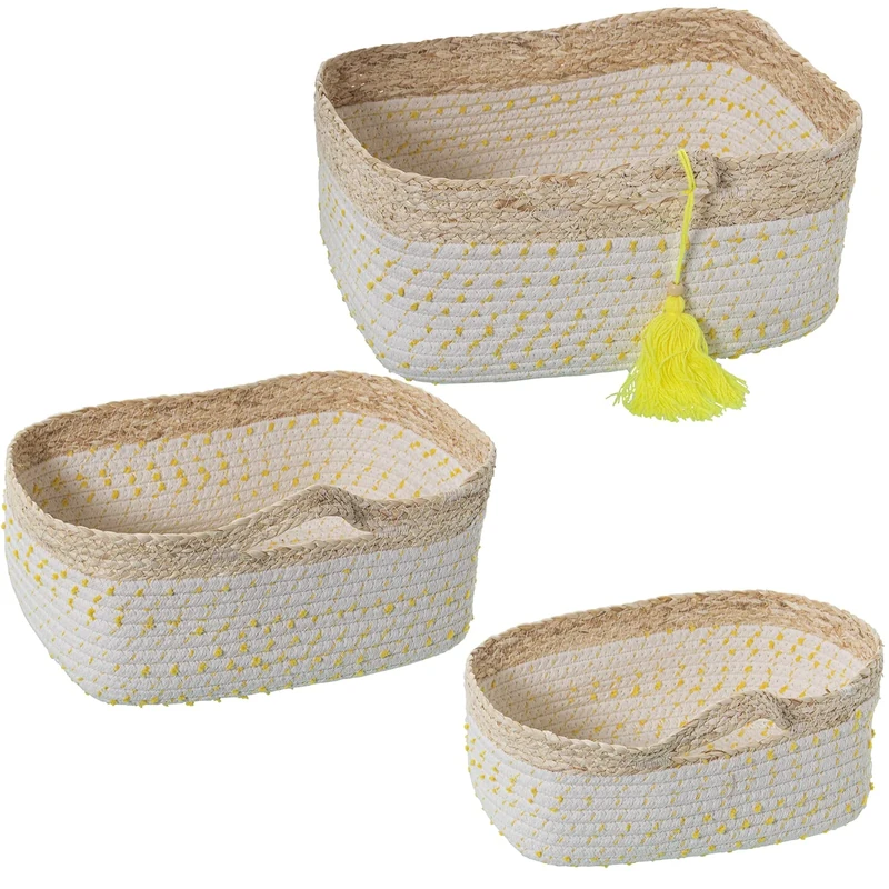 Set of 3 baskets HOJAS MAÍZ/ALGODÓN NATURAL C/LUNARES AMARILLOS 35X25X15+31X21X13+27X12X11CM