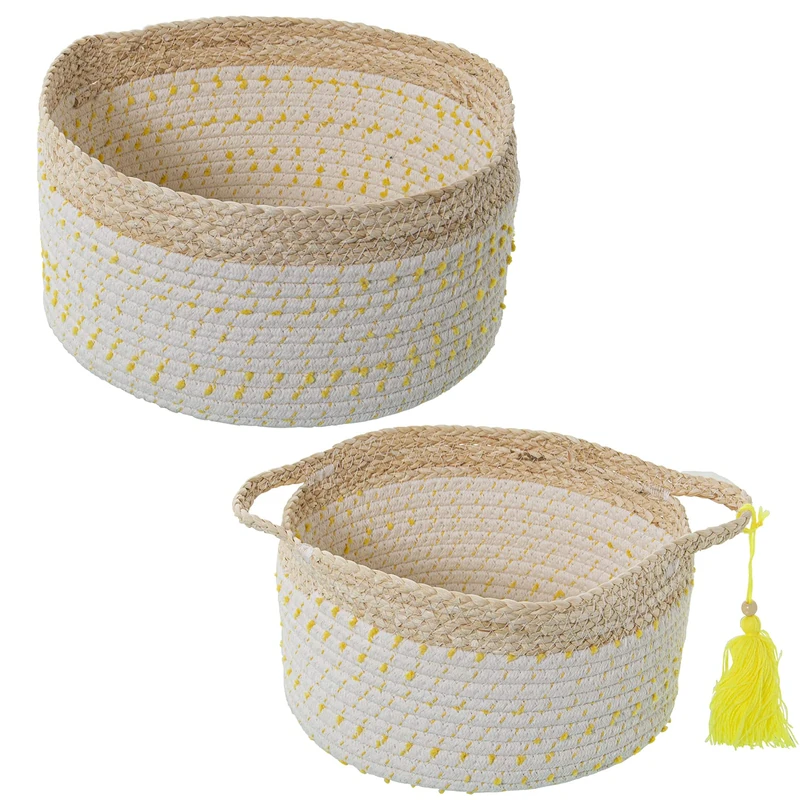 Set of 2 Baskets Homas Maiz/Algodon Natural C/Lunares Amarillos °30 x 16 + °25 x 14 cm