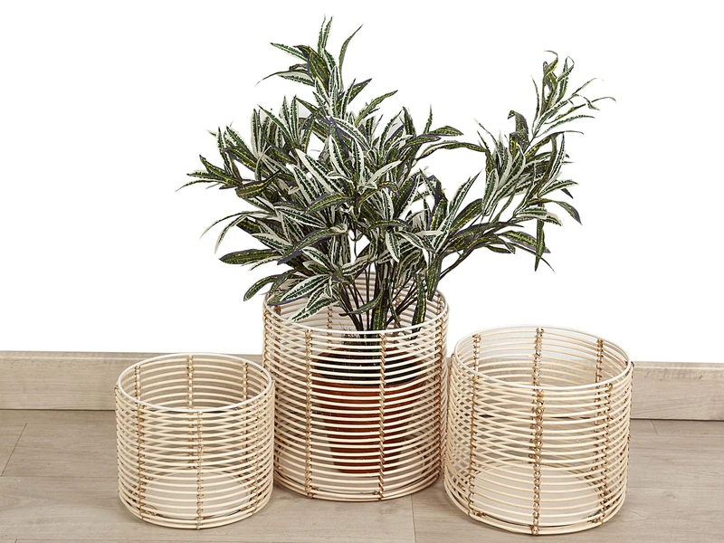 Set of 3 Maceteros Metal/Rattan