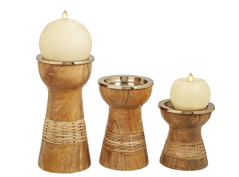 AlexandreHouse Set 3 PORTAVELA Madera/Metal Dorado Home_311021000, Multicolour - Image 1