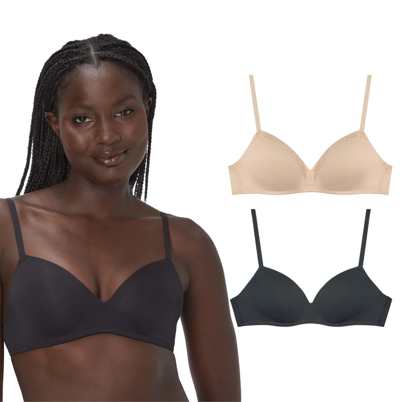 Maidenform Women's, Modern Demi Wireless T-Shirt, Convertible Bra, 2-Pack, Black/Almond, 34B (Pack of 2)