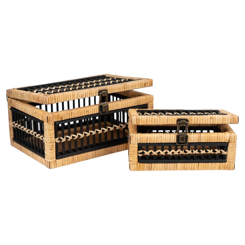 Set of 2 Rattan/Madera Boxes - Image 1
