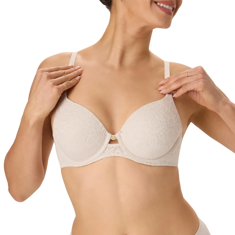 Maidenform Women's Custom Lift, One Fab Fit Underwire, Convertible Straps, Full Coverage Bra, Beige Bisque Lace, 34C