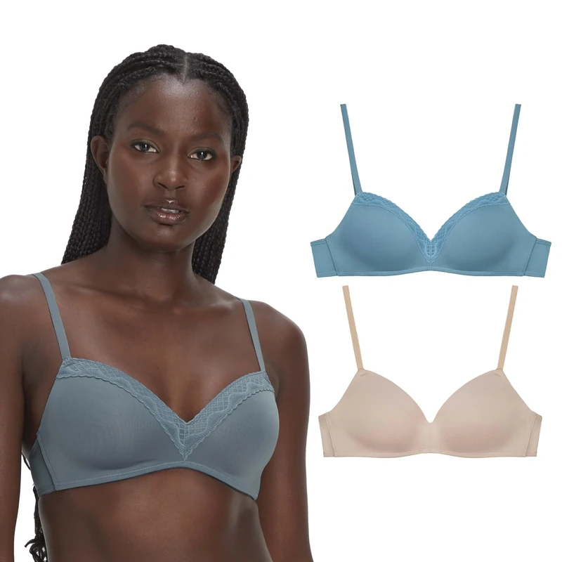 Maidenform, Modern Demi Wireless T-Shirt, Convertible Bra for Women, 2-Pack, Evening Blush/Blue Dive, 36B