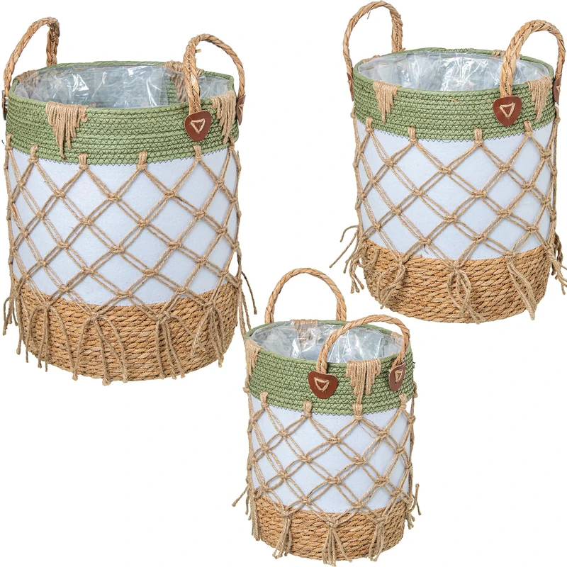 Set of 3 Baskets Natural/Green Canvas Blanca C/Flecos_°33X43+30X37+°24X31CM