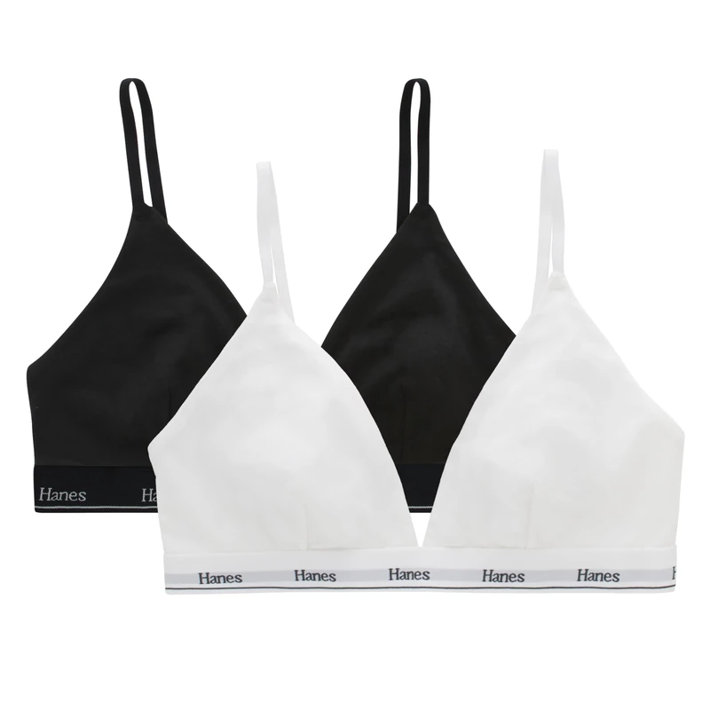 Hanes Women's Originals Triangle Bralette Pack, Breathable Stretch Cotton Bras, 2-Pack, White/Black, S (Pack of 2)