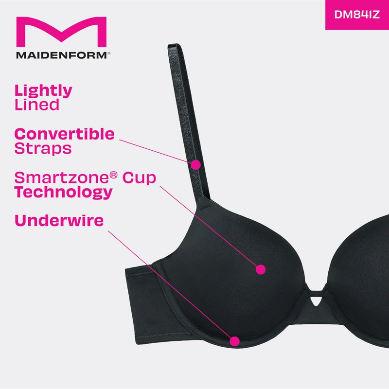Maidenform Women's, Demi T-Shirt Underwire, Convertible Bra, 2-Pack, Black/Evening Blush, 36C (Pack of 2)
