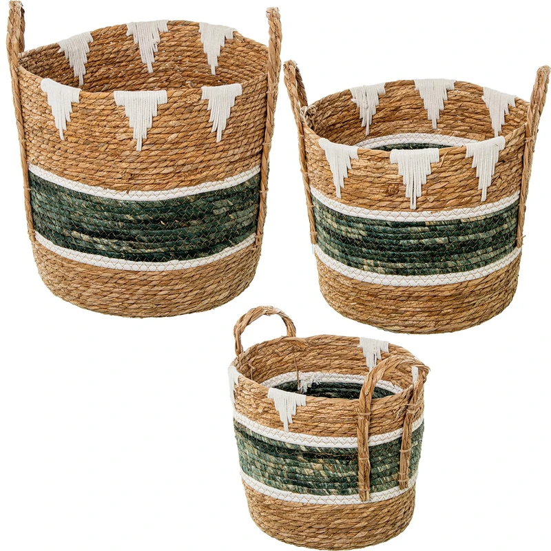 Set of 3 Baskets Hierba De Mar Natural/Green+ Algodón BLANCO_°38X37+°34X31+°29X26CM