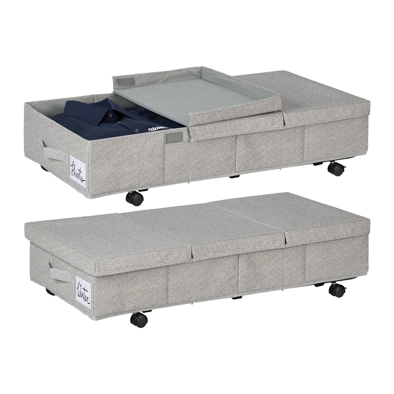 Relaxdays Underbed Storage Boxes, Set of 2, 50 L, with Wheels, HxWxD: 20x80x40 cm, Foldable, with Lid, Flat, Grey, Plastic, Cardboard, Steel