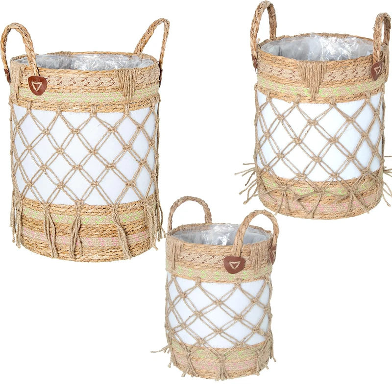 Set of 3 Baskets Natural/Green Canvas Blanca C/Flecos_°33X43+30X37+°24X31CM