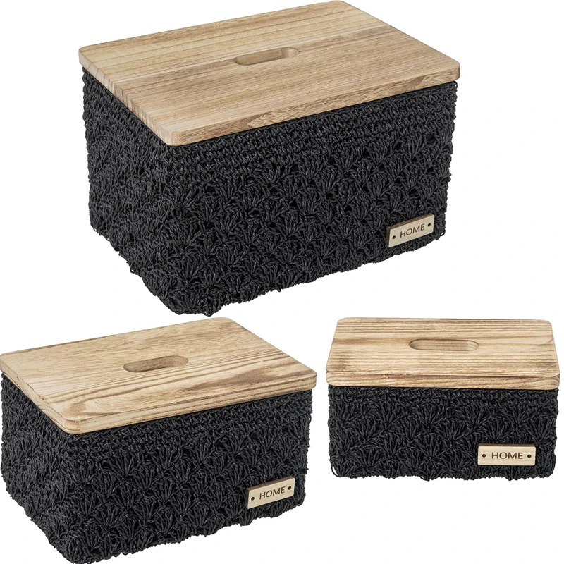 Set of 3 Almacenamiento Canvas Boxes Black C/Tapa Madera 35 x 26 x 21 + 31 x 21 x 16 + 25 x 15 x 12 cm
