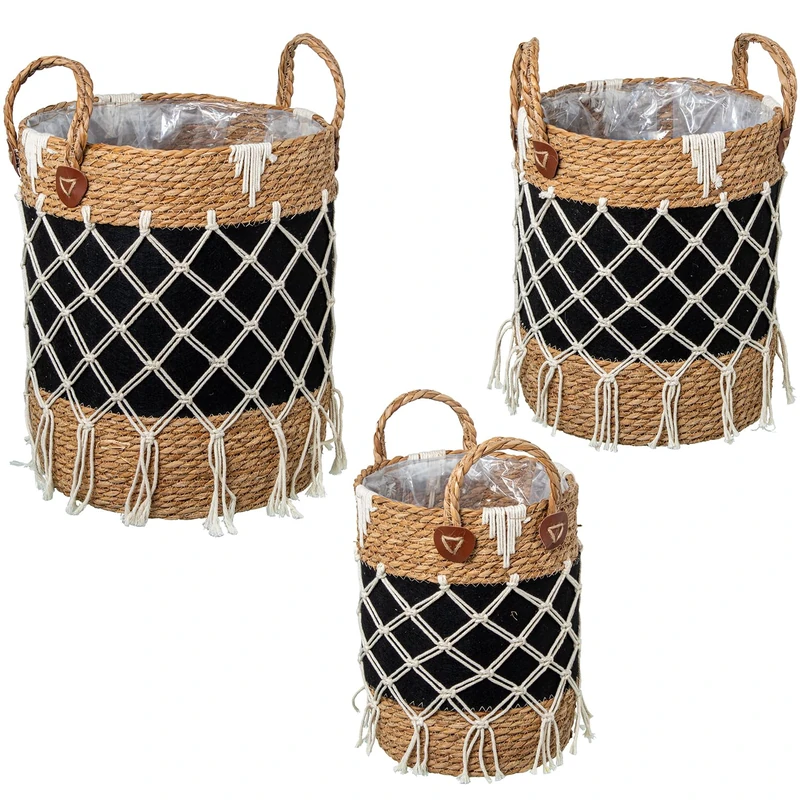 Set of 3 Mimbra Natural Canvas Baskets Black C/FLECOS_°33X43+30X37+°24X31CM - Image 1