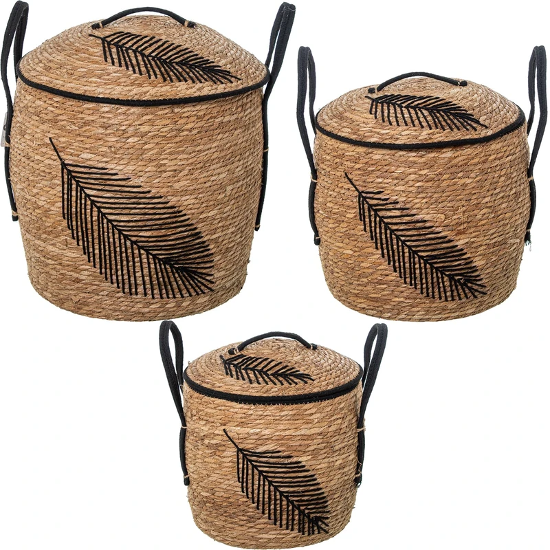 HOJA Negra_°42X50+35X39CM+31X29CM Set of 3 Rubber ROPAS with TAPA Natural Deco