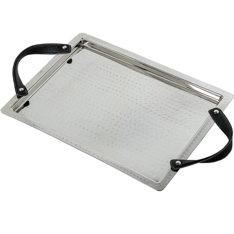 Stainless steel maple bandeja C/ASAS CUERO, MARTILLADO BRILLO_46X34X6 CM INT:41X29CM