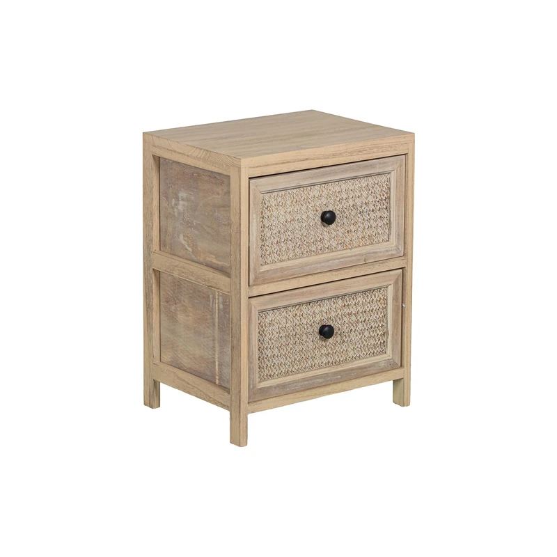 AlexandreHouse Madera Cassette with 2 Mimbra Chairs, Madera Paulownia_40 x 30 x 52 cm, 36 x 28 x 19 cm