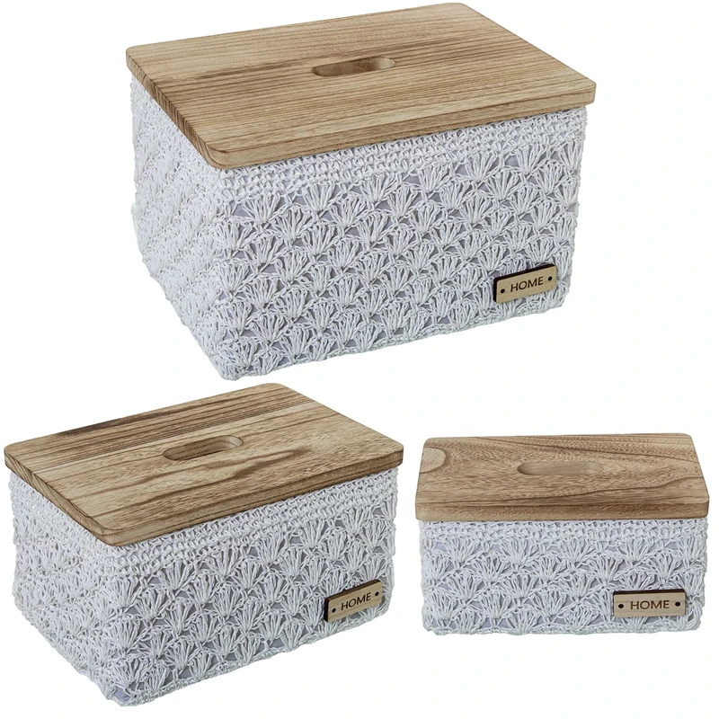 Set of 3 Almacenamiento Canvas Boxes Blanca C/Tapa Madera 35 x 26 x 21 + 31 x 21 x 16 + 25 x 15 x 12 cm - Image 1