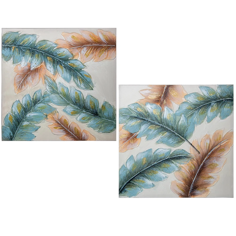 AlexandreHouse Set of 2 Cuadros 22137 LIENZO 60X60 cm HOJAS BEIG/AZUL_60X3X60CM - Image 1