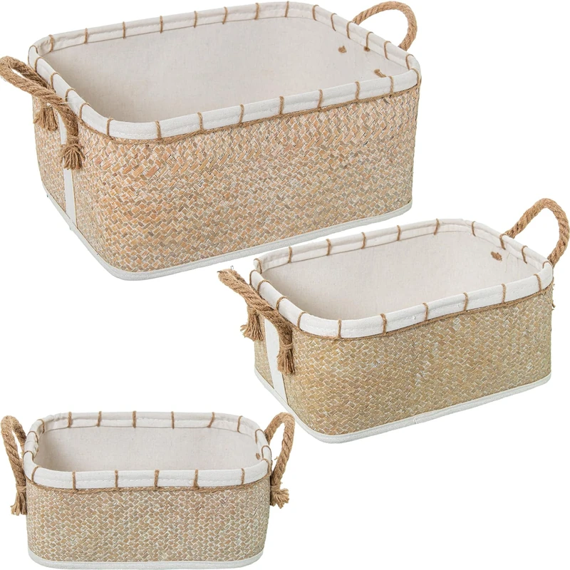 Set of 3 Baskets with Natural Canvas Blanca_40 x 30 x 18 + 33 x 23 x 14 + 28 x 18 x 12 cm - Image 1