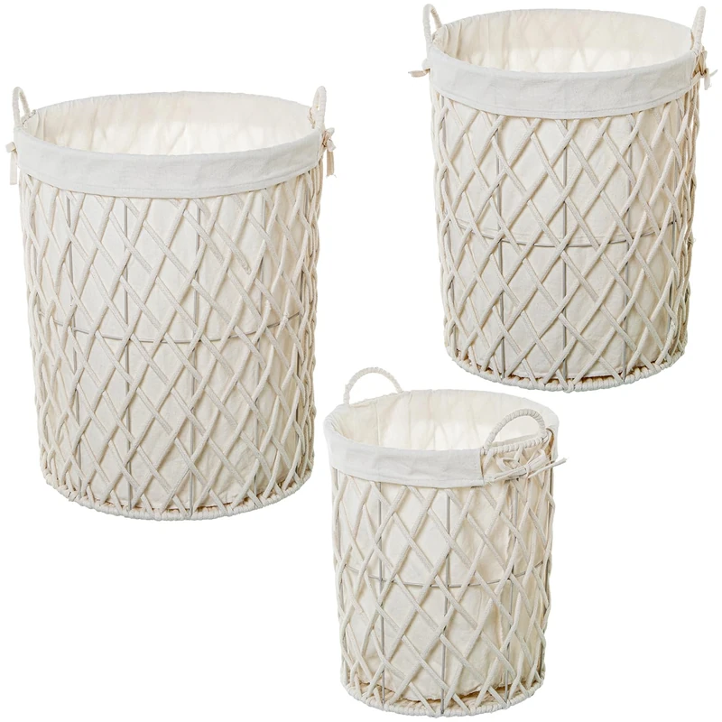 Set of 3 Baskets Cuerda De Papel Blue C/Canvas 70%+30% Alg./Poly_°43X51+38X45+33X39CM