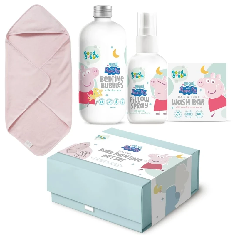 Good Bubble Grow with Peppa Pig Bath Time Gift Set - Baby Gift with Aloe Vera Bubble Bath, Pillow Spray, Hair and Body Wash Bar - includes a MORI Hooded Towel