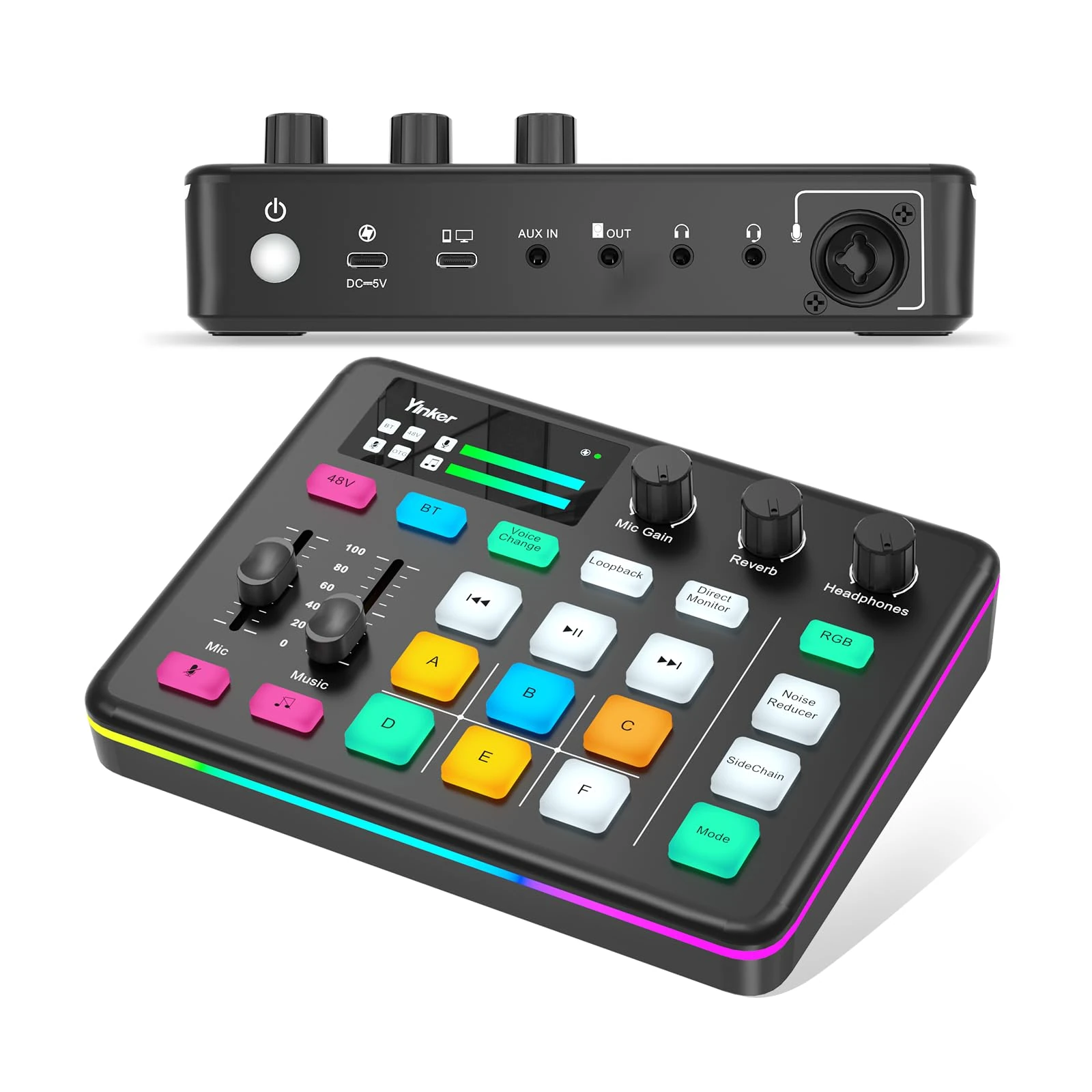 Yinker Gaming Audio Mixer, RGB Audio Interface with 48V Phantom Power, Bluetooth, Voice Changer, 6 Customized Sound Pads for Live Streaming, Podcasting, Recording
