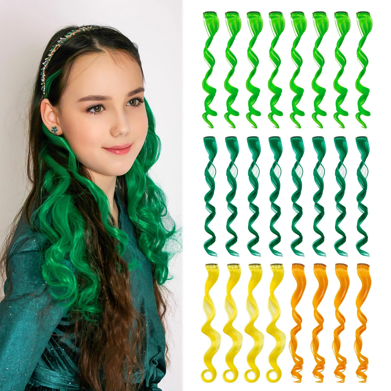 Dreamlover Green Hair Accessories for Girls, Orange Hair Extensions for Cosplay, Yellow Hair Accessories, 4 Colors, 24 Pieces