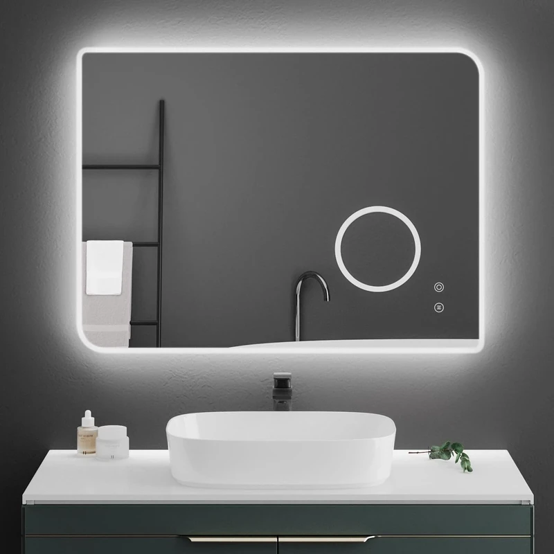 Mondeer Bathroom Mirror with LED Lights, 800×600 mm Wall Mounted Mirror with Illuminated Backlit 3x Magnification Demister and Dimmable Brightness for Bathroom