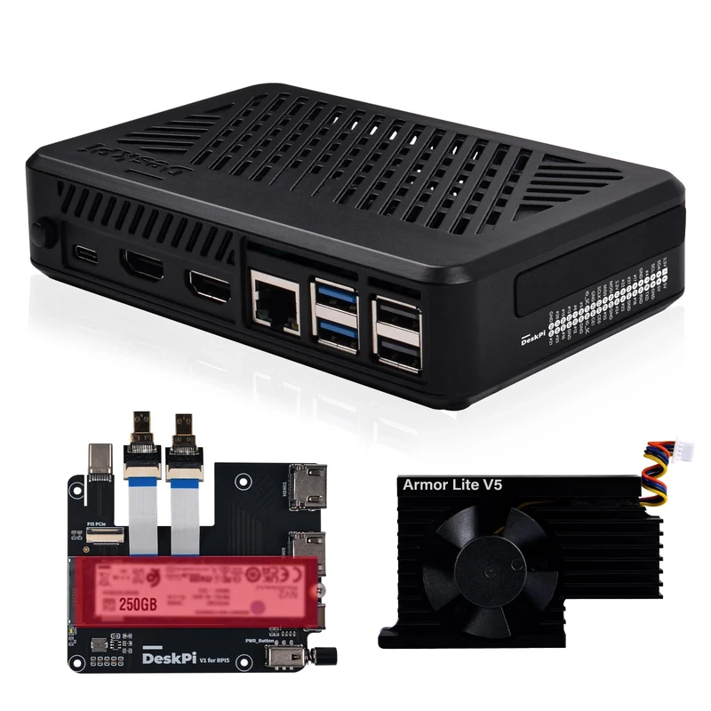 GeeekPi DeskPi Lite Pi5 Case with Power Button,PCIe to M.2 HAT,Active Cooler, and Dual Full-Size HDMI for Raspberry Pi 5, Supports M.2 NVMe M-Key 2230/2242/2260/2280 SSDs