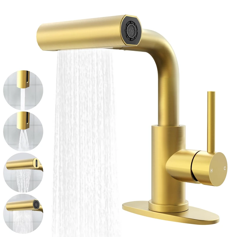 FROPO Gold Bathroom Faucet with Sprayer - Brushed Gold Bathroom Sink Faucet 1 Hole or 3 Holes 4 Modes Single Handle Mixer Tap Basin Tap