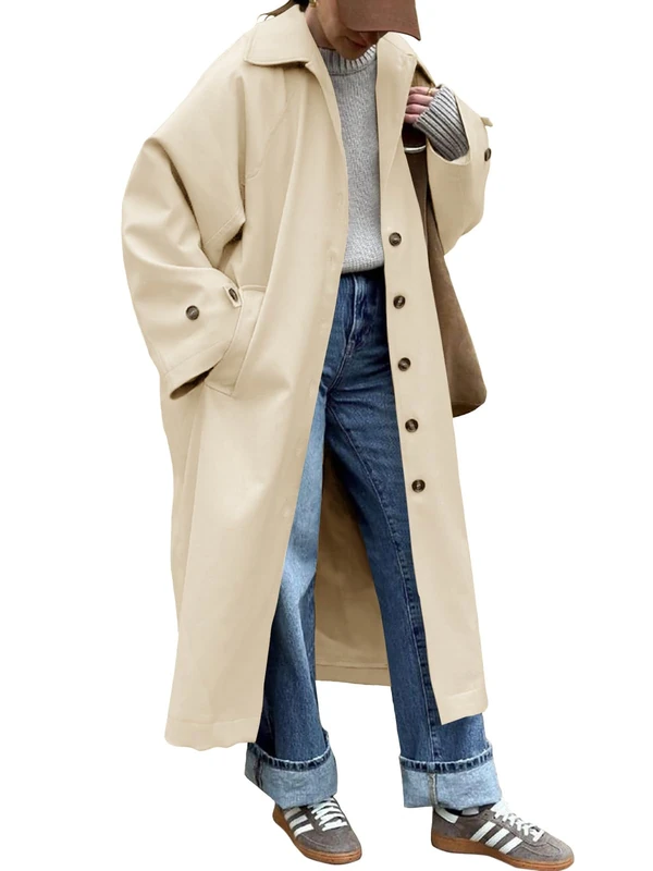 Tankaneo Womens Long Trench Coat Single Breasted Oversized Windproof Classic Lapel Fall Overcoat, Light Khaki, X-Large