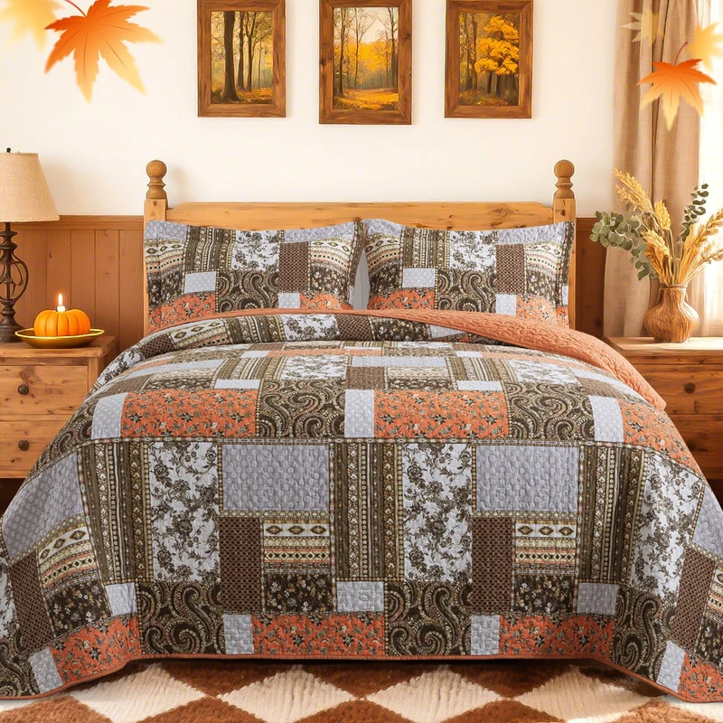 BEDIFANY Cotton California King Size Quilt for Farmhouse- Fall Patchwork Bedspread Set - Highly-Woven Soft Reversible Oversized King Size Coverlet for All Seasons (Floral Orange) 3 Pieces
