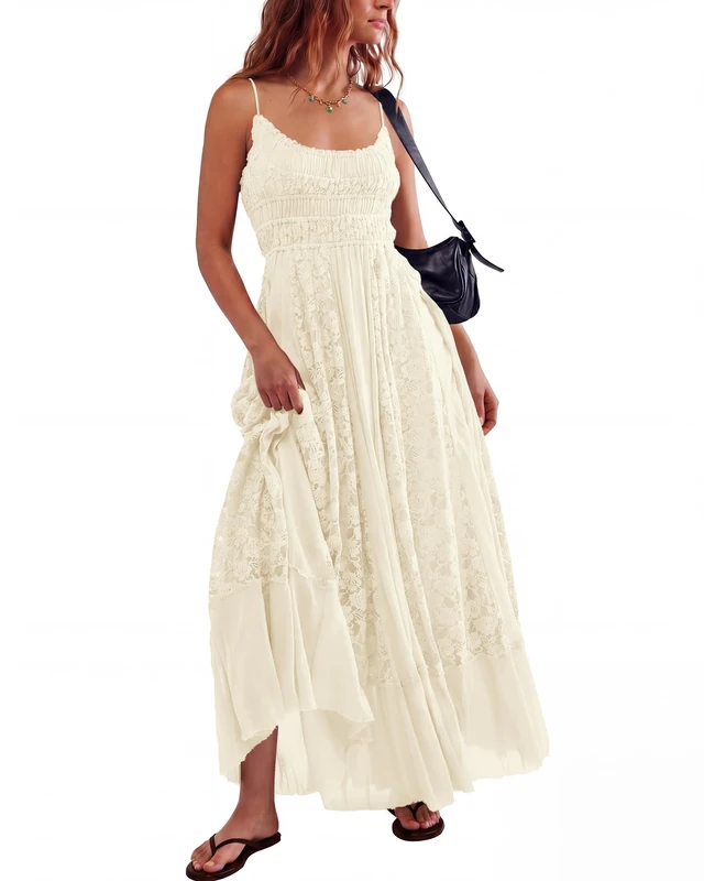 Gacaky Summer Dress for Women Casual Lace Floral Embroidered Bohemian Maxi Dress Flowy A Line Beach Long Dress, Beige, XL