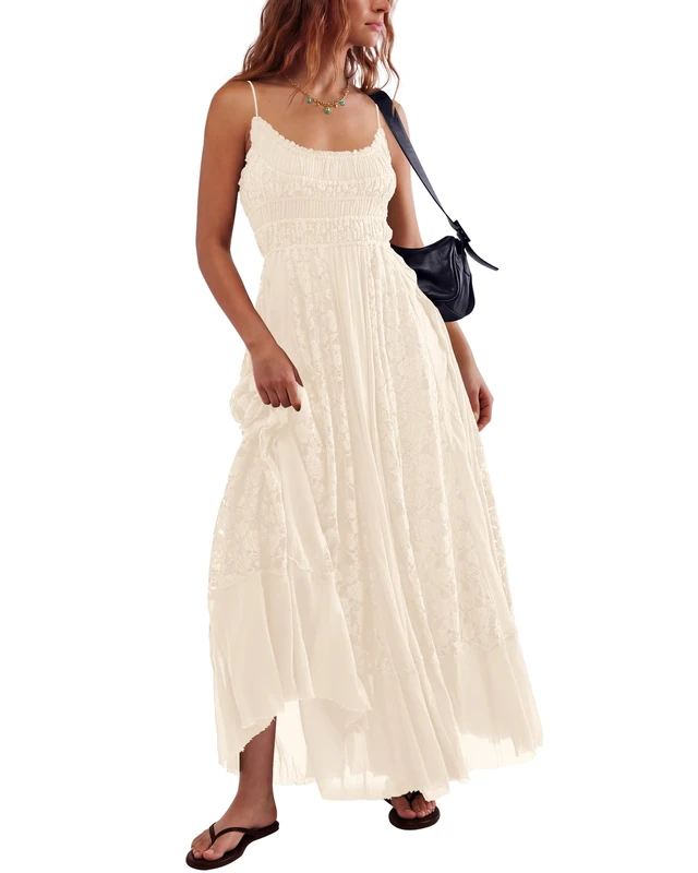 Gacaky Summer Dress for Women Casual Lace Floral Embroidered Bohemian Maxi Dress Flowy A Line Beach Long Dress, Beige, L