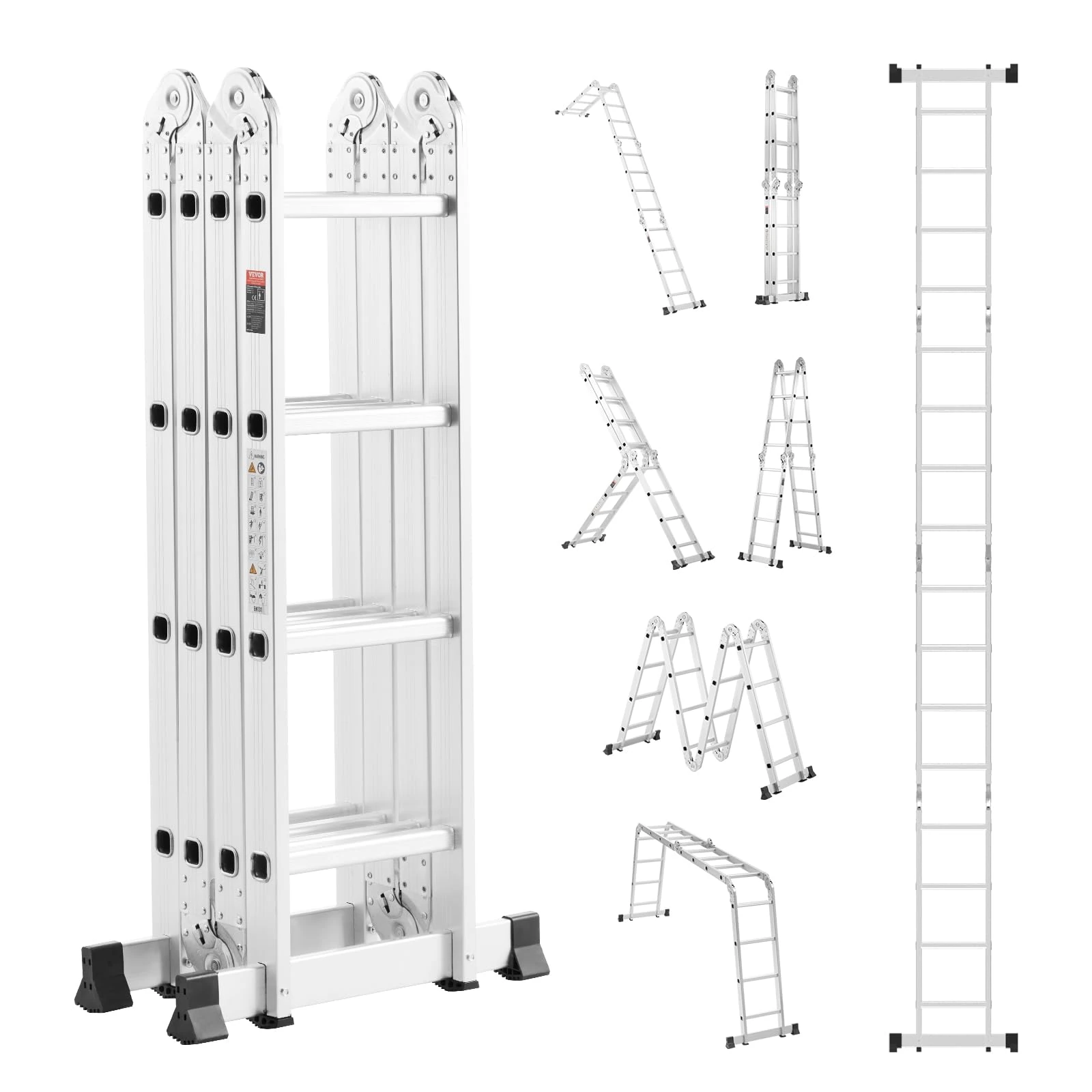 VEVOR Multi-Purpose Folding Ladder, 7-in-1 Tall Extension Step Ladder, A Frame 4 Step Telescoping Ladder, 15.5ft Reach Height Heavy Duty Adjustable, 330 lbs Capacity for Home Outdoor