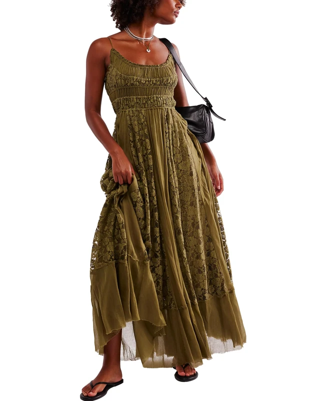 Gacaky Summer Dress for Women Casual Lace Floral Embroidered Bohemian Maxi Dress Flowy A Line Beach Long Dress, Green, S