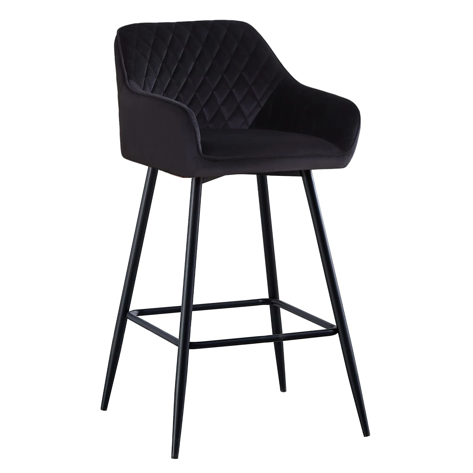 AINPECCA Velvet Bar Stool Fabric Upholstered seat with Backrest & Armrest Black Metal Legs Kitchen Breakfast Counter Chair (Black velvet, 1)