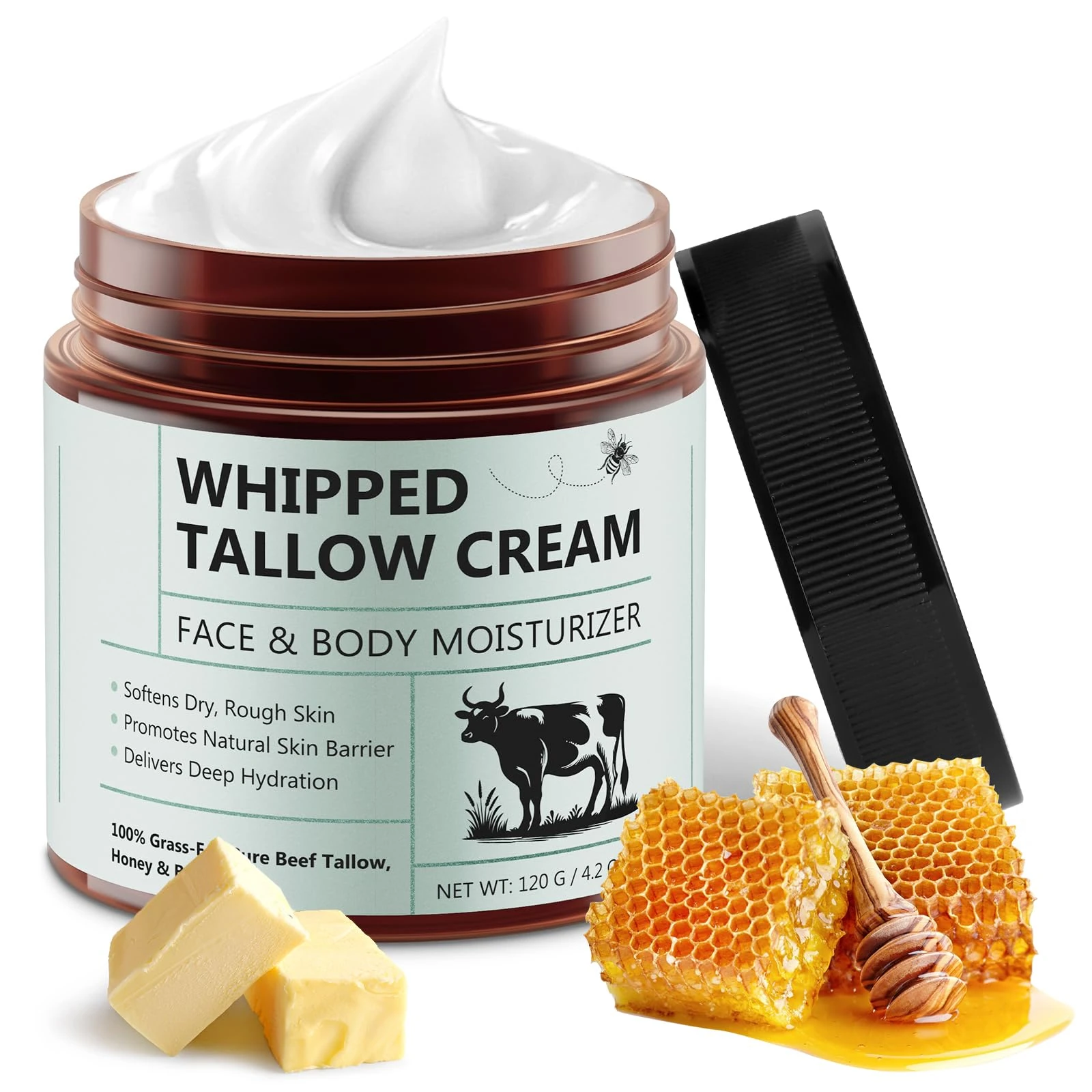 Beef Tallow Skin Care, Tallow Face Cream 4.2 Oz, Beef Tallow Moisturiser, Fast Absorption and Deeply Moisturizing for Face & Body, Organic Grass Fed Beef Tallow with Honey Cream