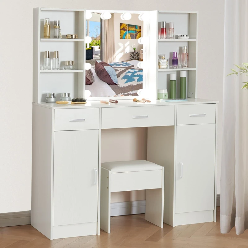 Buildonely Large Dressing Table with Mirror 40 x 100 x 140 cm, Vanity Desk with Stool and Lights, Adjustable Brightness, 3 Color Temperatures, Vanity Table for Daughter, SD3165U1203