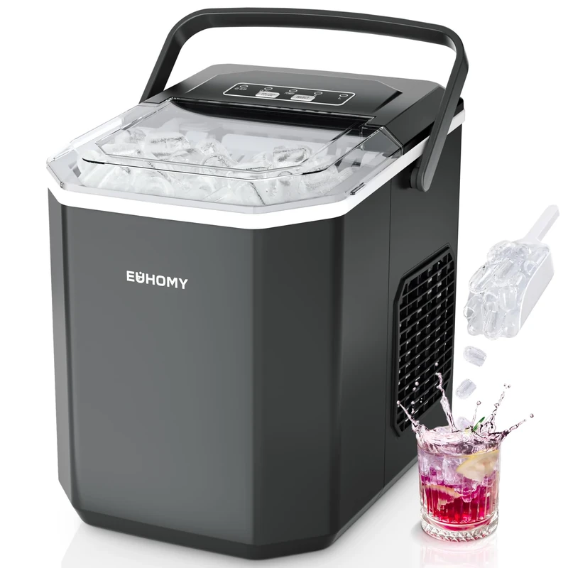 EUHOMY Ice Maker, 9 Cube in 6 Min, Bullet Ice maker, 2 Size Cube, Countertop Ice Machine, 12kg/Day, Self-Cleaning with Ice Scoop & Basket, for Home//Kitchen/Office/RV, Black