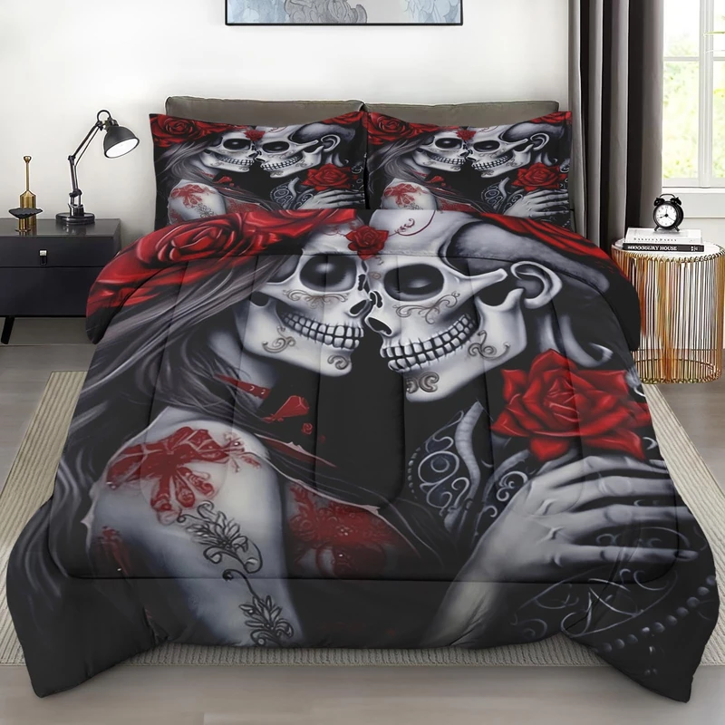 Pamnest Comforter Set King Size, Skull and Love Vintage 3Pcs Soft Bedding for Kids and Adults, Flower Rose Black Comforter Set with Pillowcase, for Bedroom Bed Decor