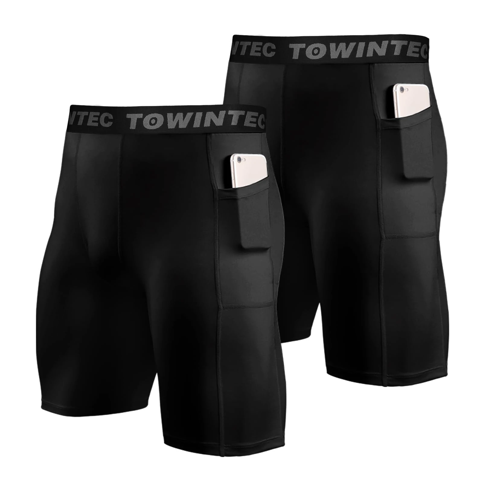 Towintec Men’s Compression Shorts with Pocket Sports Running Tights Pockets Underwear Athletic Workout Spandex Base Layer Short for Biker Basketball Volleyball Training(Black+Black,M)