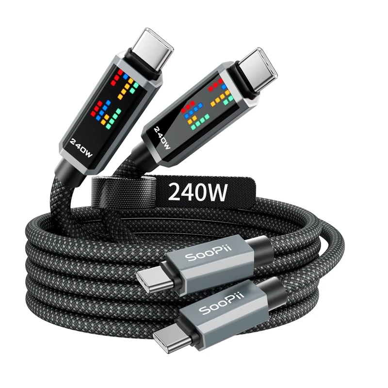 SOOPII 240W USB C PD Charger Cable, Super Fast Charging Speed with 3 Chase Effects LED Display, 6.6FT 2Pack USB C to USB C Charging Cord for iPhone 16/15/ProMax, MacBook,iPad, Galaxy S24 Ultra, Black