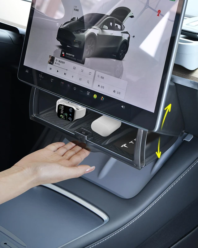 Under Screen Storage Organizer for Tesla Model Y Model 3 Accessories(include Juniper & Highland), Rattle-Free Push Latch Mechanism Perfect Fit, Tissue Dispenser, Hidden for Personal Valuables - Image 1